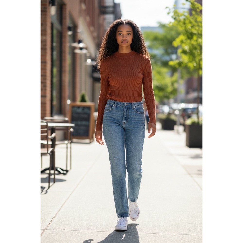 Club Monaco Women Small Rust Brown 100% Wool Mock Neck Textured Rib Knit Sweater